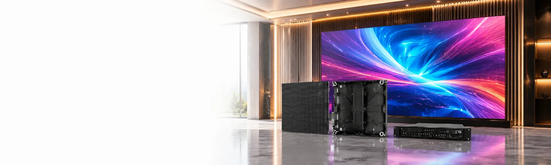 Fine-pitch indoor LED video wall with LED cabinets and video processor