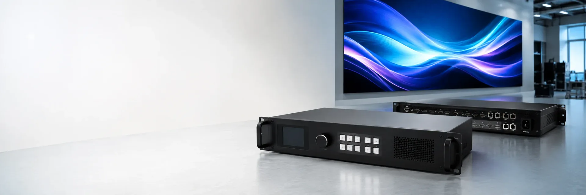 Illustration of rackmount LED video processors with a video wall