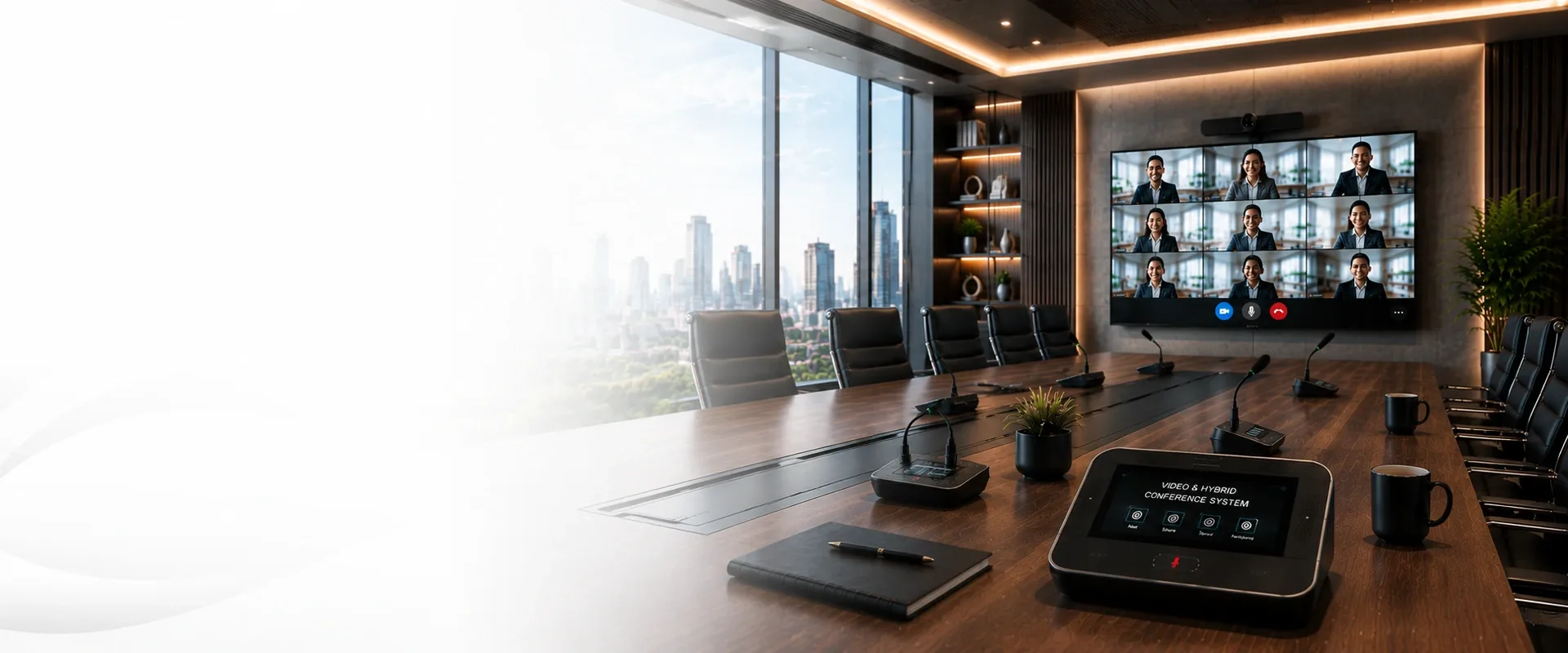 Modern video and hybrid conference room with remote participants, display, camera, and tabletop microphones