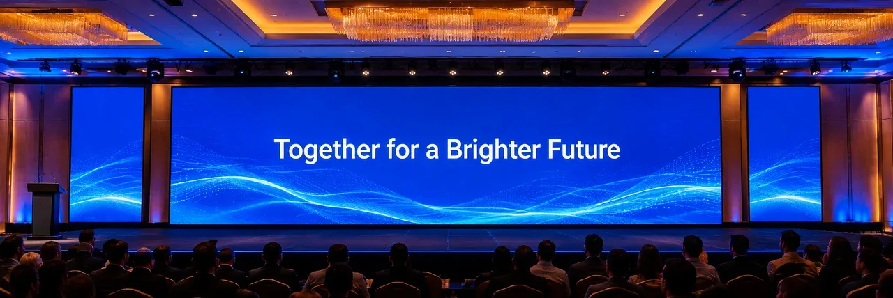AI-generated sample corporate conference stage with a blue LED presentation wall