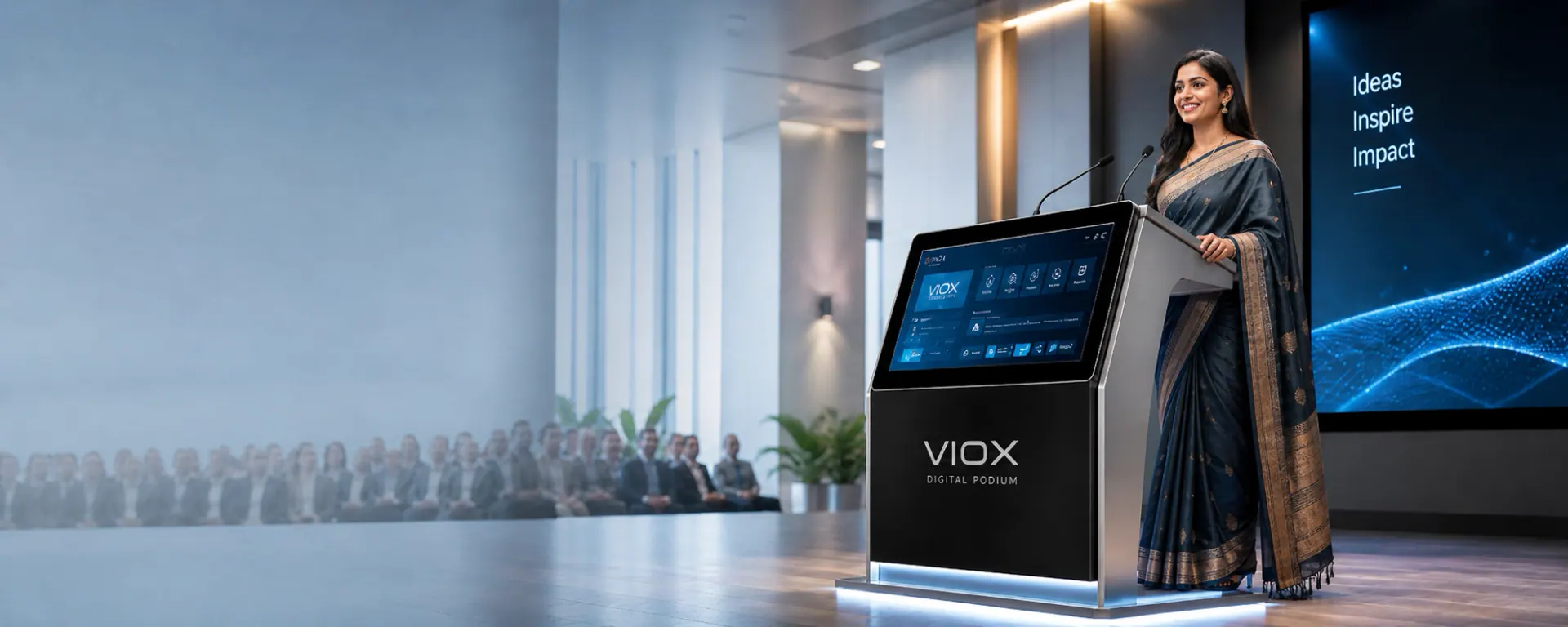 Illustrative digital podium with a presenter and audience display in a conference venue