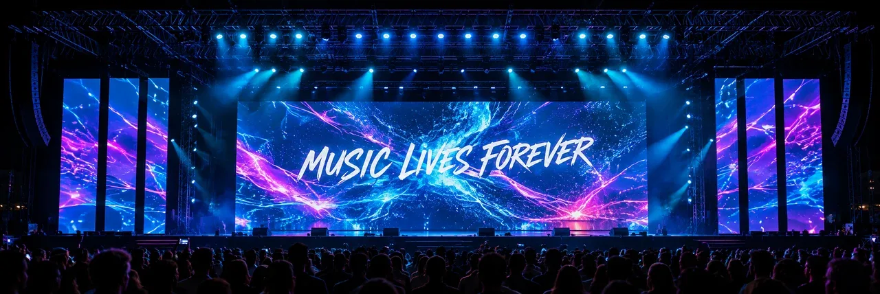 AI-generated sample concert stage with LED walls, blue lighting and an audience