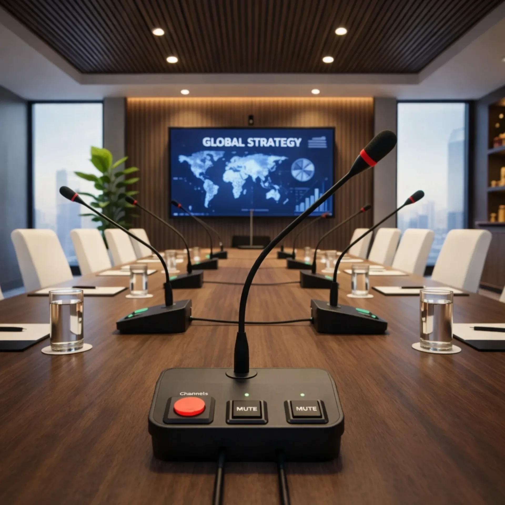Professional conference microphones in a modern meeting room