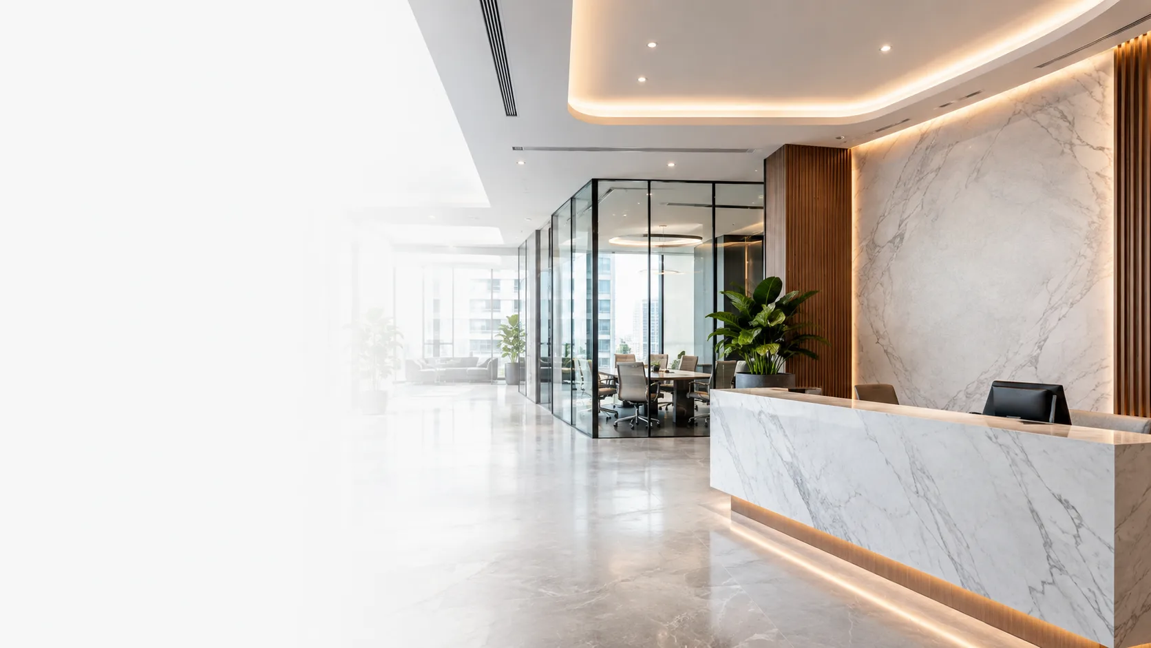 Modern corporate reception prepared for integrated technology projects