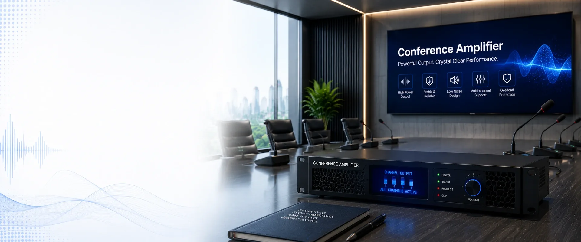 Conference amplifier for professional meeting room speaker systems and clear audio reinforcement