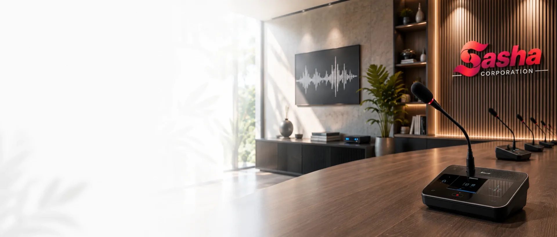Modern audio conference system with tabletop discussion microphones in a professional meeting room