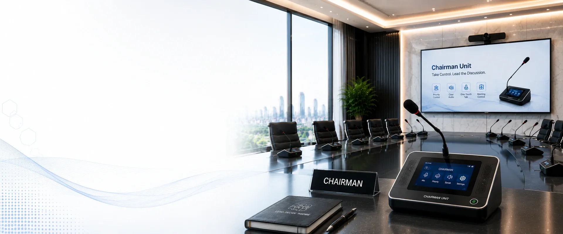 Conference chairman unit with meeting controls in a professional boardroom