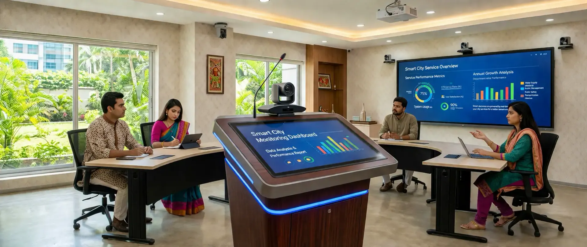 Illustrative touch podium connected to a meeting-room display