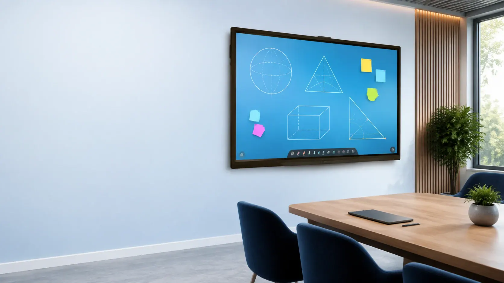 Illustrative collaboration room with an interactive flat panel displaying a digital whiteboard