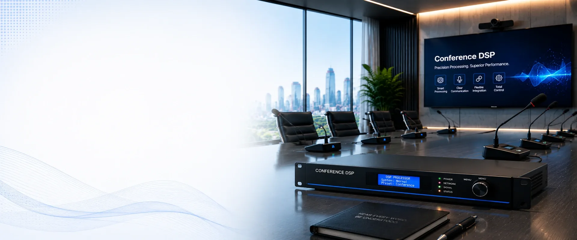 Conference DSP processor for professional meeting room audio routing and processing