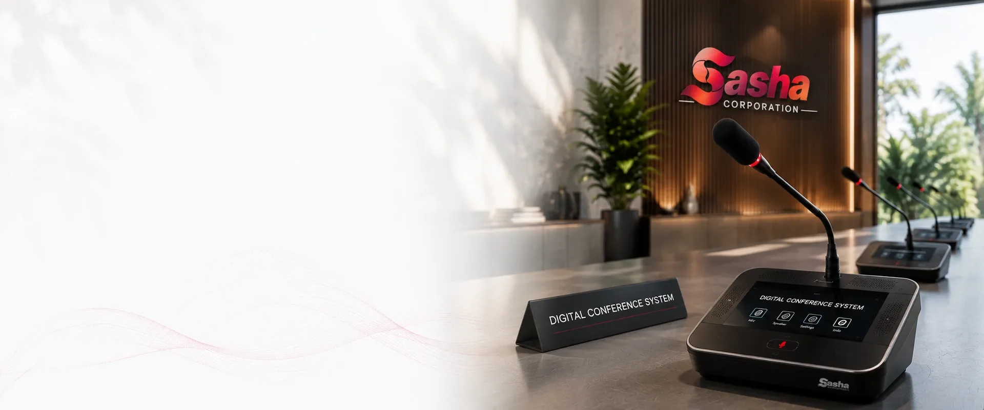 Modern digital conference system with touchscreen discussion microphones in a professional meeting room