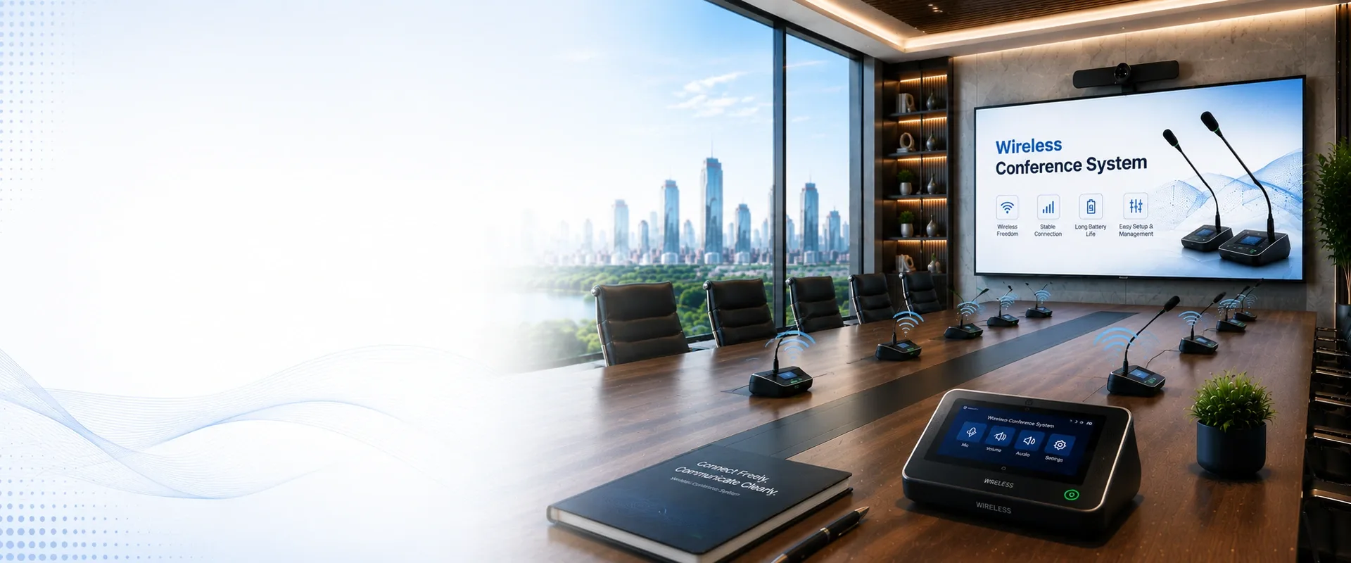 Modern wireless conference system with tabletop microphones in a professional meeting room