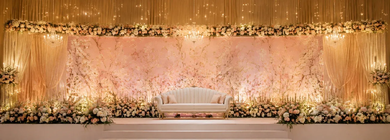 AI-generated sample wedding stage with a pink LED backdrop, flowers and warm lighting