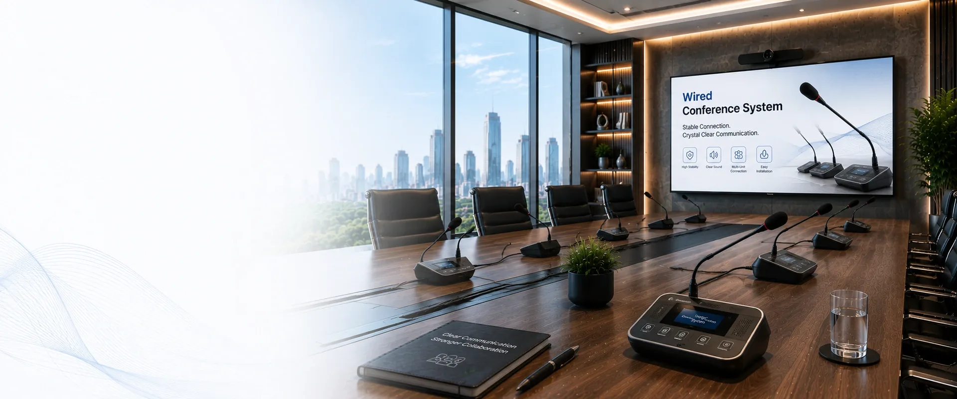 Modern wired conference system with cabled tabletop microphones in a professional meeting room