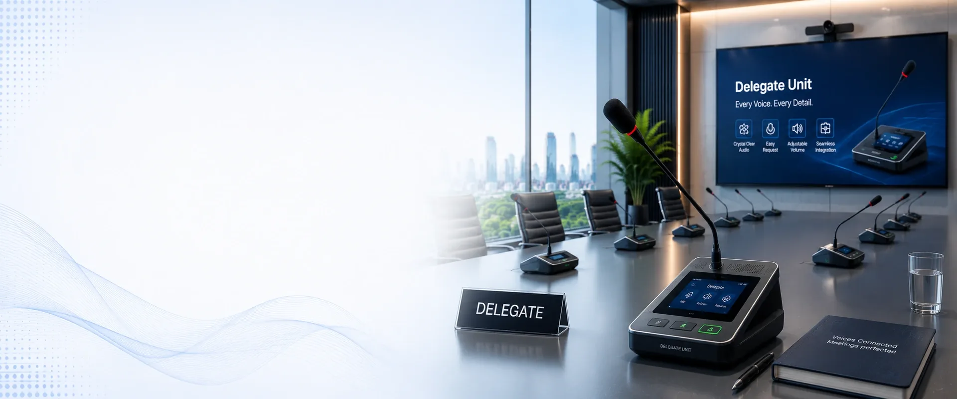 Conference delegate unit with tabletop microphone in a professional meeting room