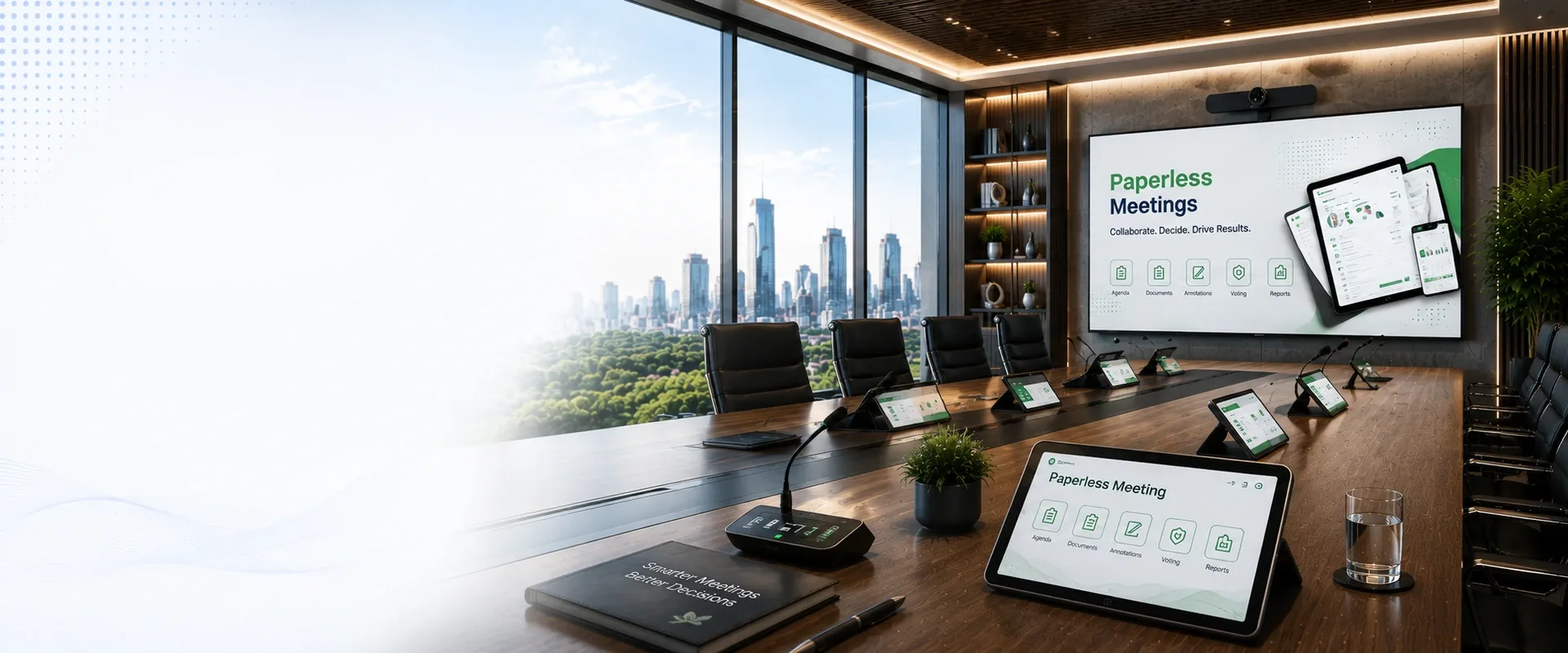 Modern paperless conference room with participant touchscreens and digital meeting display